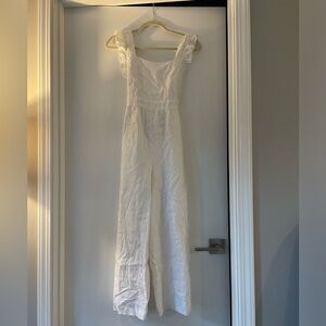 Posse White Linen Wide-Leg Jumpsuit with Ruffle Straps